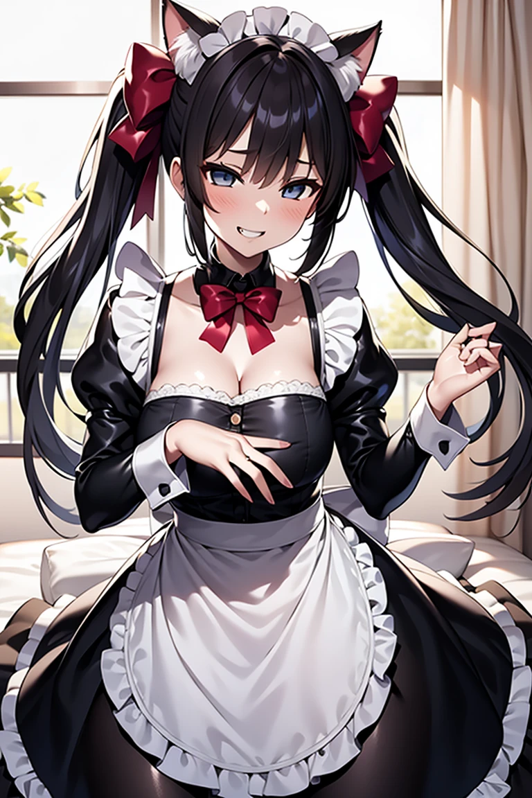 Private Maid, (compensate:1.2), Twin tails, Very long hair, Cat ear, Maid&#39;s Headdress, Hair Clip, Cleavage, Huge breasts, Neck bell, bow, ((Maid Apron)), White gloves, elbow gloves, Garter Straps, White knee socks, corruption, Hollow Eyes, Half-closed eyes, Wicked Smile, No students, Grin, Open your mouth, One girl, Mature Woman, Married women, (Dark Magical Girl), Dark Theme, Dark person