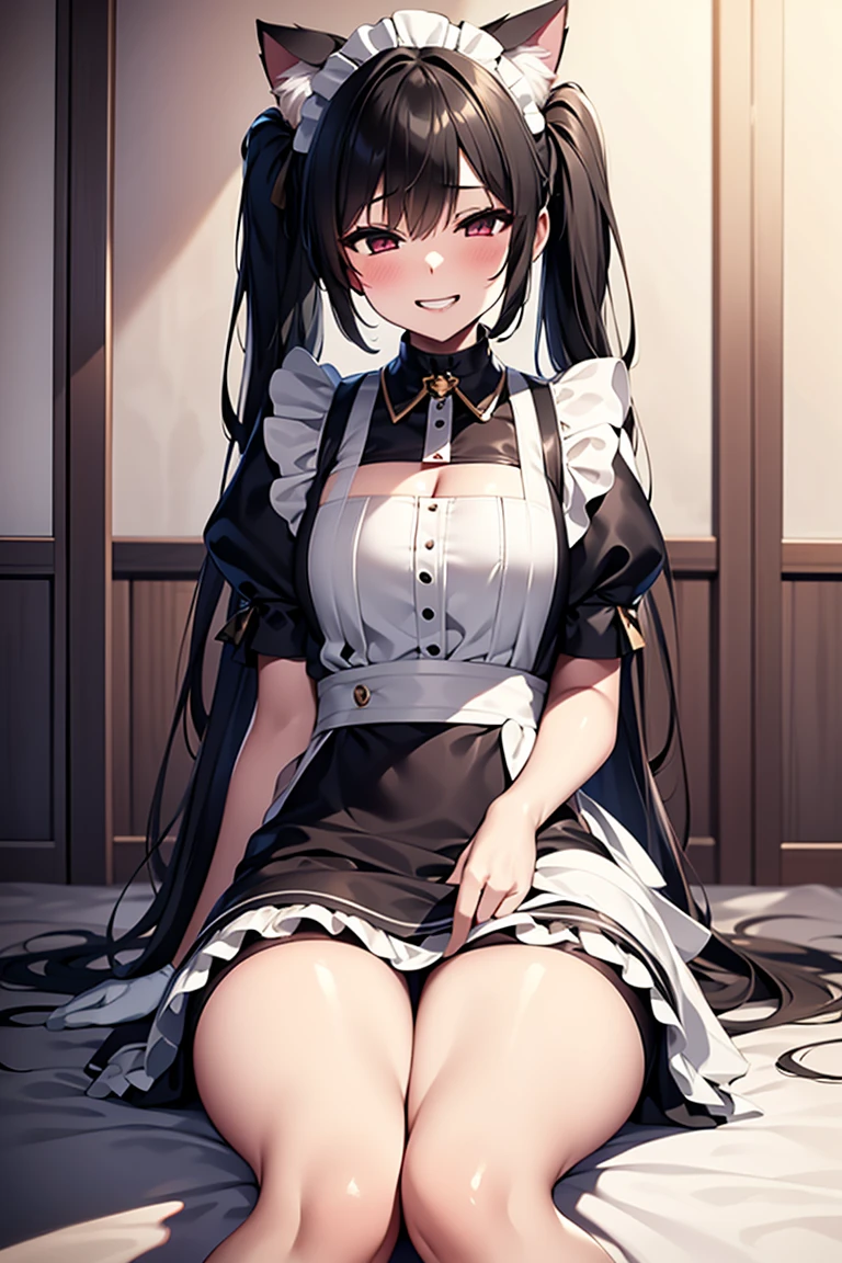 Private Maid, (compensate:1.2), Twin tails, Very long hair, Cat ear, Maid&#39;s Headdress, Hair Clip, Cleavage, Huge breasts, Neck bell, bow, ((Maid Apron)), White gloves, elbow gloves, Garter Straps, White knee socks, corruption, Hollow Eyes, Half-closed eyes, Wicked Smile, No students, Grin, Open your mouth, One girl, Mature Woman, Married women, (Dark Magical Girl), Dark Theme, Dark person