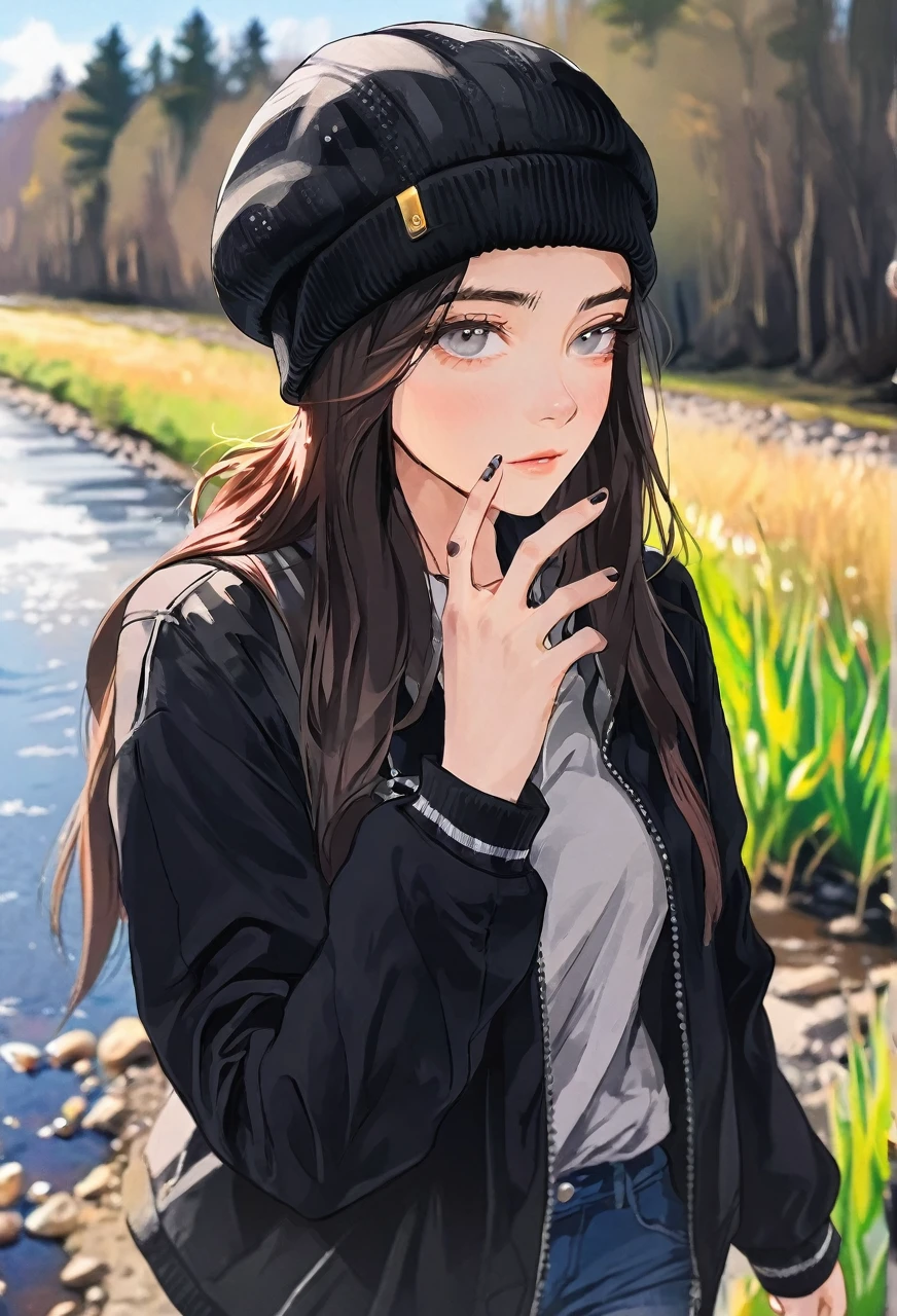 Walking river bank, loose black jacket, perfect hands, high detail, high quality, best detail, perfect irises, beanie, hipster, adult female, beanie, calm demeanor, mature,