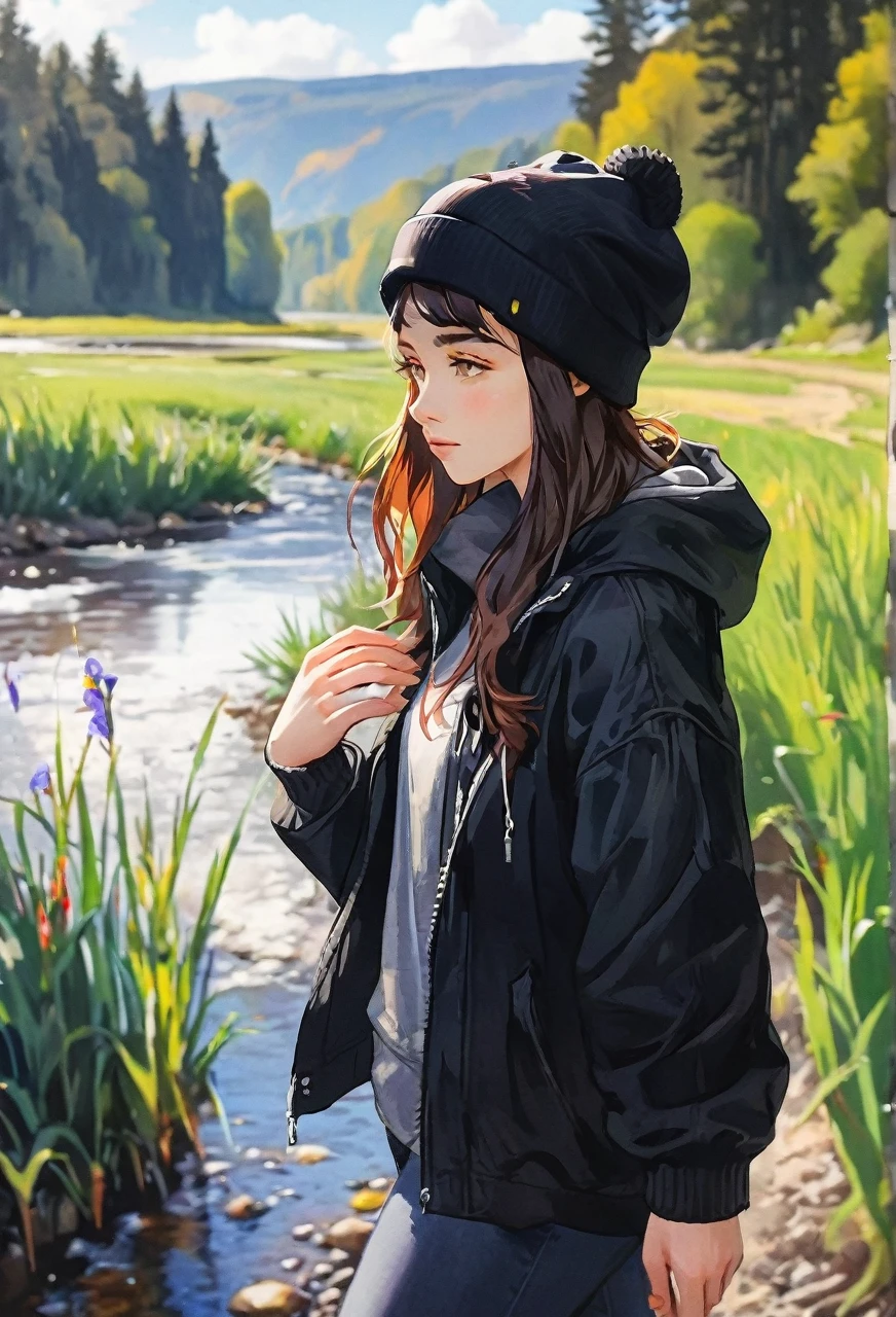 Walking river bank, loose black jacket, perfect hands, high detail, high quality, best detail, perfect irises, beanie, hipster, adult female, beanie, calm demeanor, mature,