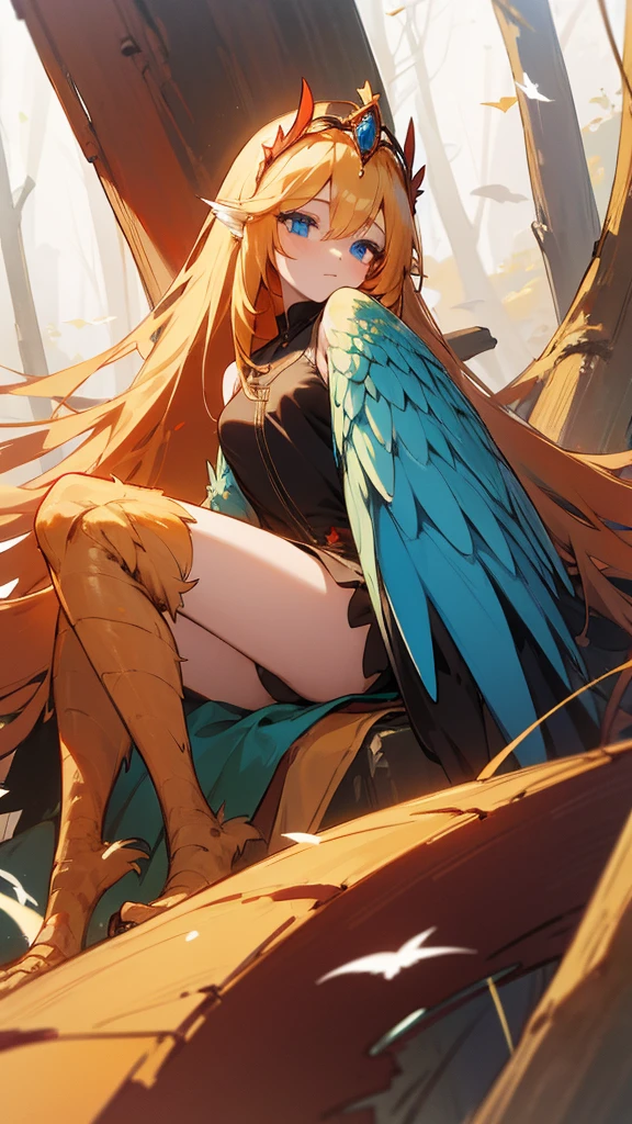 1 girl,alone,Harpyie, sitting,blond hair,weave, blue eyes, Long hair,red feathers,Wing arms,bird legs, short dress, woods,tiara, sexly, portrait 