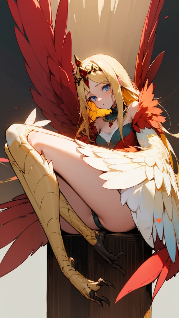 1 girl,alone,Harpyie, sitting,blond hair,weave, blue eyes, Long hair,red feathers,Wing arms,bird legs, short dress, woods,tiara, sexly, portrait