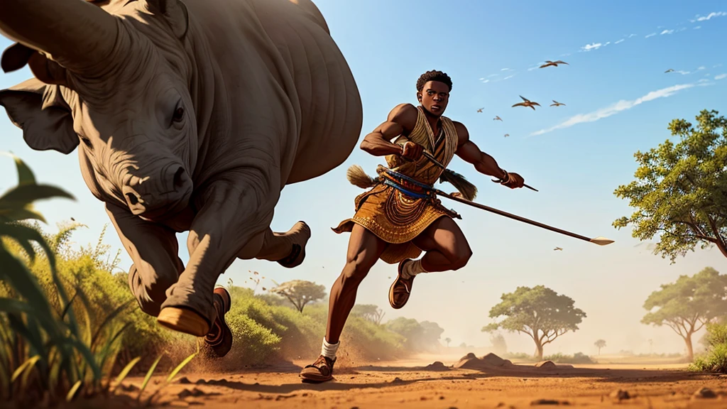 Emeka a 19 years old African young man in traditional hunting attire, with spears and bows, running for his life while being pursued by a rhino 