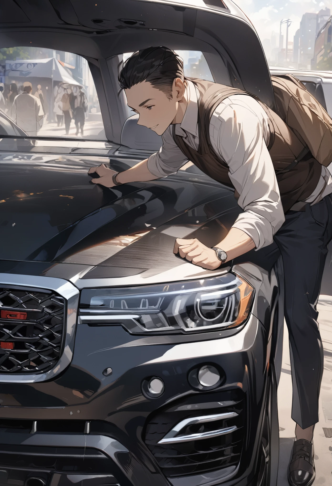 masterpiece, best quality, extremely detailed CG unity 8k wallpaper, Man buying a car, suv