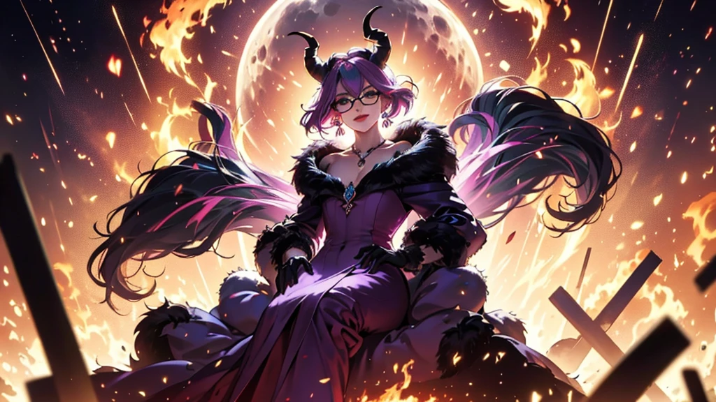 8k, masterpiece, best quality, highly detailed, 1 girl, tiefling, warlock, multicolored hair, very short straight hair green highlight hair on white hair, strippled hair, wearing glasses, round glasses, earrings, red eyeshadow, long eyelashes, navel piercing, blushed cheek, red lips, necklace, rings, collarbone, mole, glamorous, purple and teal clothing, villainy, smirk, seductive face, close up view, rings, looking at viewer, demon horns, solo, royal dress, black lace gloves, fur coat, palace, blue pale moon, sitting on throne, crowned.