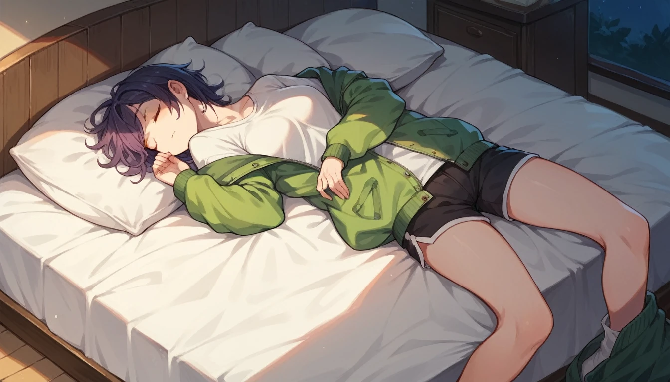 Beautiful woman wearing a jacket, shorts, sleeping on a villa bed at night
