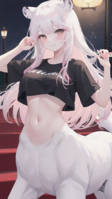 (best quality, masterpiece), 1 girl, centaur, It takes, White skin, Korean ,daughter, black pink,Smiling, exposing the abdomen, belly button t-shirt , 아름다운 소녀 perfect white tiger photo, perfect white tiger photo