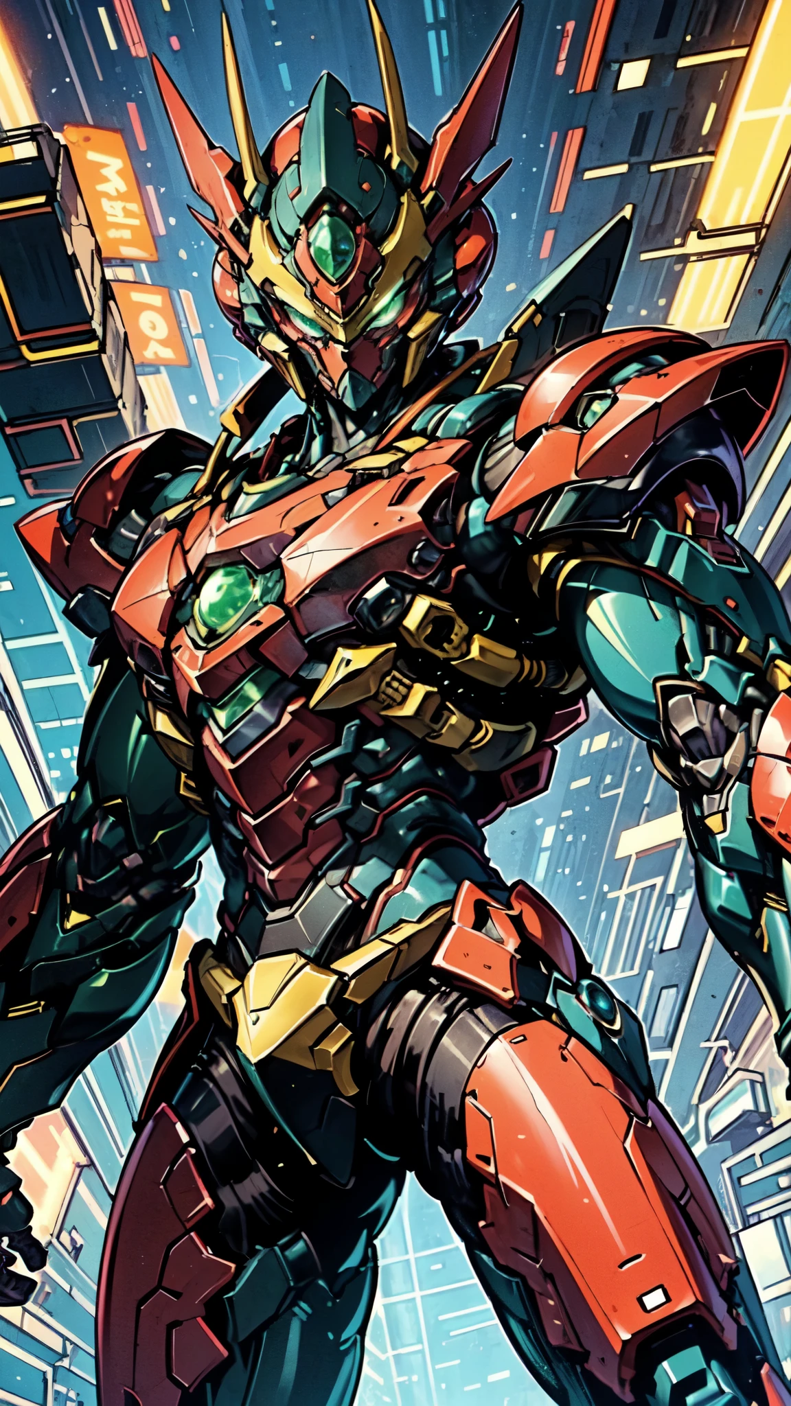 (masterpiece:1.5, best quality:1.5, extremely delicate:1.5, foreshortening:1.5, dynamic angle:1.5), a man wearing a full-face helmet, a fantasy-style biotech armored combat suit, green eyes, (a composite layered chest armor), fully enclosed shoulder guards, matching arm and leg guards, the belt is adorned with neon circuitry, (the color scheme is primarily black glow with green and red accents), the design balances heavy with agility, a high-tech bio-mecha armor, (Armor Concept Inspired by neon Cyberpunk, stand on the top of a skyscraper in a futuristic sci-fi city), this character embodies a finely crafted fantasy-surreal style armored hero in anime style, exquisite and mature manga art style, (element, plasma, energy, the armor glows), ((male:1.5)), metallic, high definition, highres, ultra-detailed, ultra-fine painting, professional, perfect body proportions, golden ratio, anatomically correct, symmetrical face, extremely detailed eyes and face, high quality eyes, creativity, RAW photo, UHD, 32k, Natural light, cinematic lighting, masterpiece-anatomy-perfect