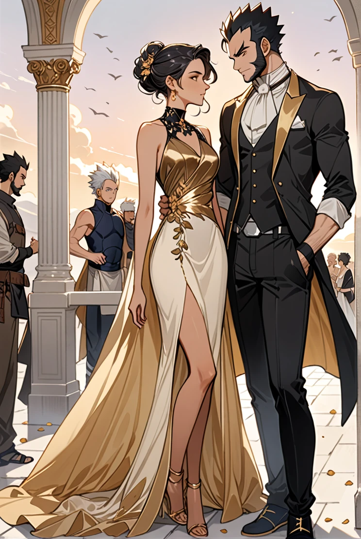 Illustration in styles of Harrison Fisher, Jeremy Mann, Alexandre Cabanel, and Tomer Hanuka, of a stunningly beautiful lady Vegeta girl + Naruto clad in an elegant dress, em seus pés with the contradiction of men's sandália, atmosphere that balances the delicate and the rugged, soft pastel hues for the dress black gold contrasting their sturdy, leather exterior, textures that interplay tone as if at