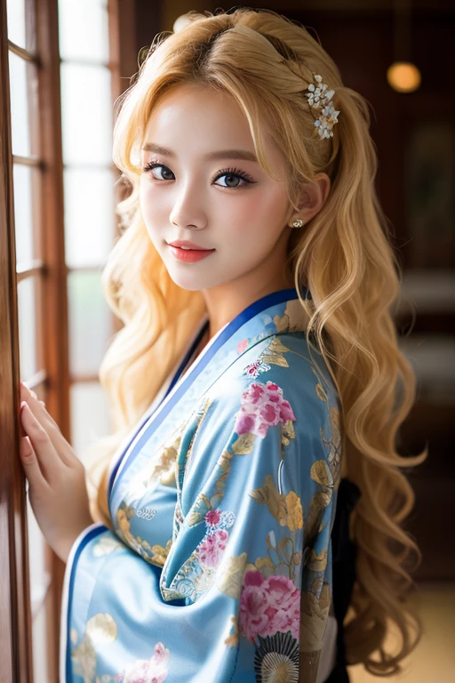 20 yrs old, 1.3, young lady, curly hair, blonde long hair, 1.1, bust, mansion, beautiful woman, kimono