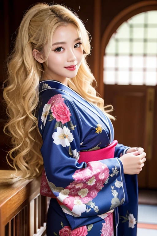 20 yrs old, 1.3, young lady, curly hair, blonde long hair, 1.1, bust, mansion, beautiful woman, kimono