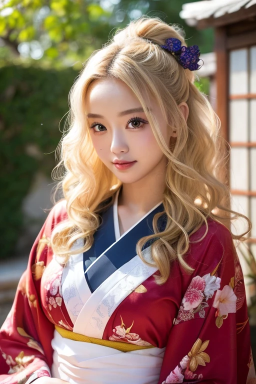 20 yrs old, 1.3, young lady, curly hair, blonde long hair, 1.1, bust, mansion, beautiful woman, kimono