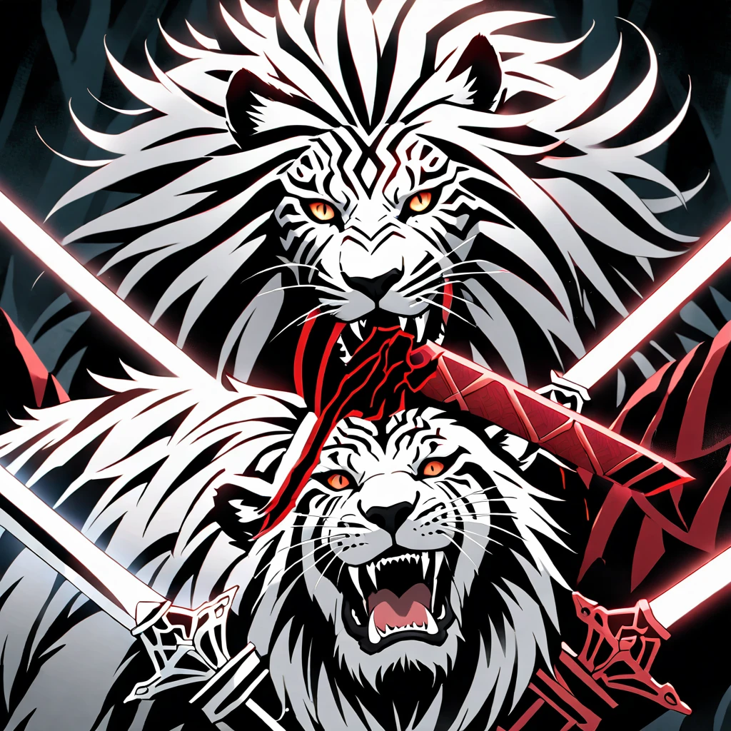 two swords

two swords in the creature's mouth  -  The image shows the face of a beast, a creature like a lion, in red, black and white. The beast displays a menacing look with crossed swords entering its mouth and piercing its head.  two swords

two swords penetrating the creature
