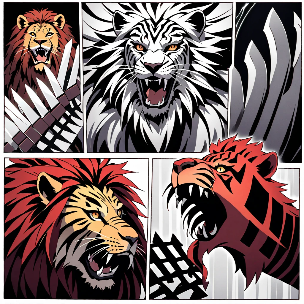 two swords

two swords in the creature's mouth  -  The image shows the face of a beast, a creature like a lion, in red, black and white. The beast displays a menacing look with crossed swords entering its mouth and piercing its head.  two swords

two swords penetrating the creature
