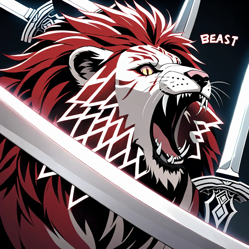 two swords

two swords in the creature's mouth  -  The image shows the face of a beast, a creature like a lion, in red, black and white. The beast displays a menacing look with crossed swords entering its mouth and piercing its head.  two swords

two swords penetrating the creature
