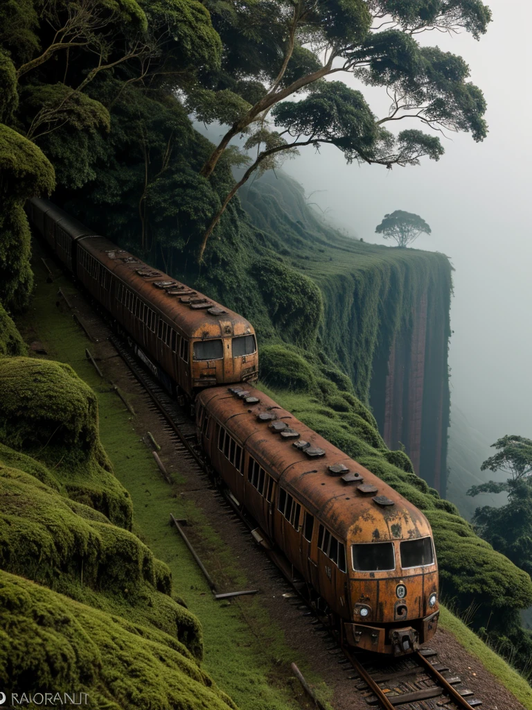 (RAW PHOTO), The rusted long train with the skull of a lion, in the Amazon jungle, on the highest cliff, Moss, fog, details, hyper-realistic, 16k