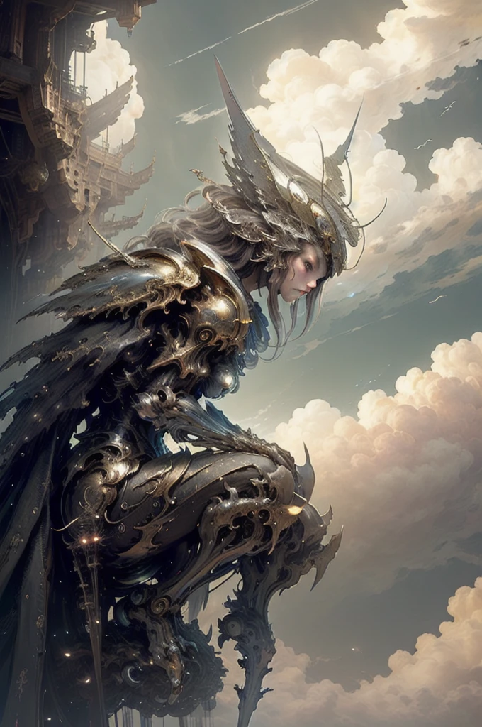 ((best quality)), ((masterpiece)), (detailed), female titan, mecha, horror beauty, perched on a cloud, (fantasy illustration:1.3), enchanting gaze, captivating pose, delicate scars, otherworldly charm, mystical sky, (Luis Royo:1.2), (Yoshitaka Amano:1.1), moonlit night, soft colors, (detailed cloudscape:1.3), (high-resolution:1.2) 