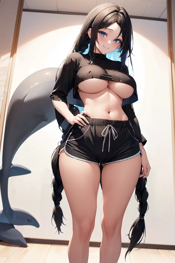 ((masterpiece)), (bestquality), ((ultra-detailed)), depth of field, (dynamic angle), (beautiful detailed blue eyes), 1woman, ((full body portrait)),((voluminous long black hair styled into one single long braid down to her waist)), ((wearing a  crop shirt and dolphin shorts, crop shirt underboob)), perfect Body, ((small bust)), smiling,