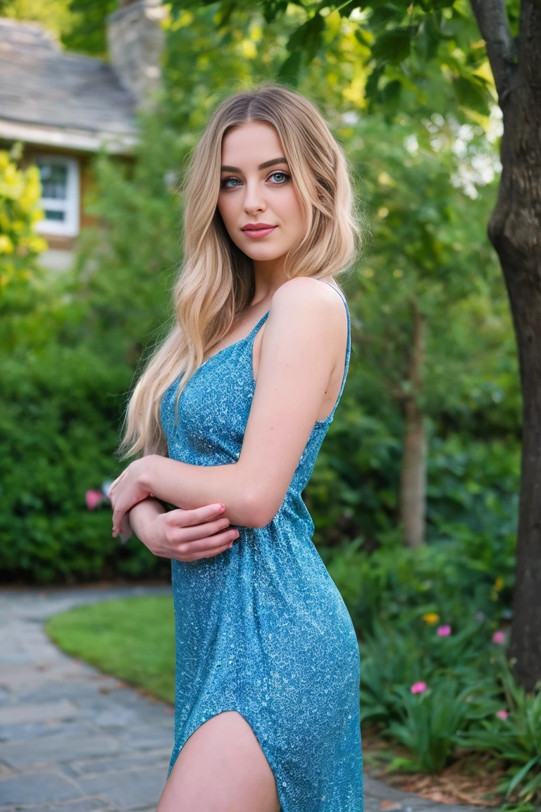 photo of A beautiful woman with light delicately filtering through her hair, her summer dress is beautiful and she's standing in front of a cottage