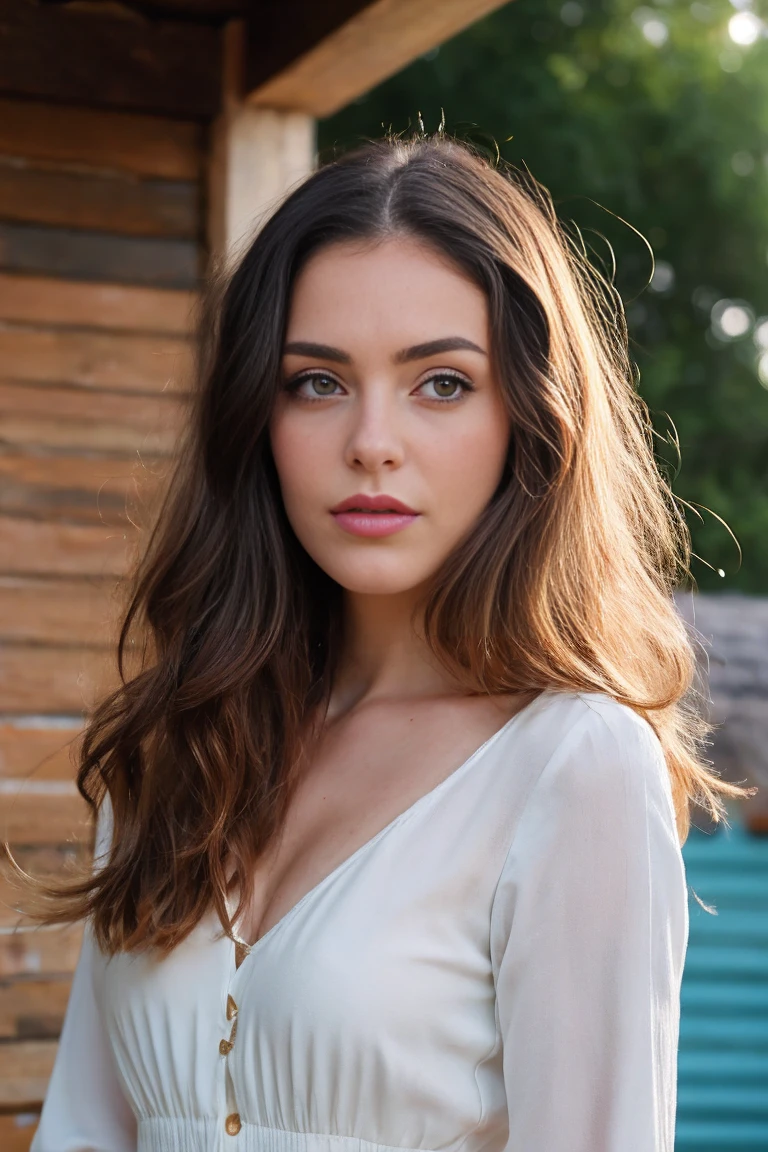 photo of A beautiful woman with light delicately filtering through her hair, her summer dress is beautiful and she's standing in front of a cottage