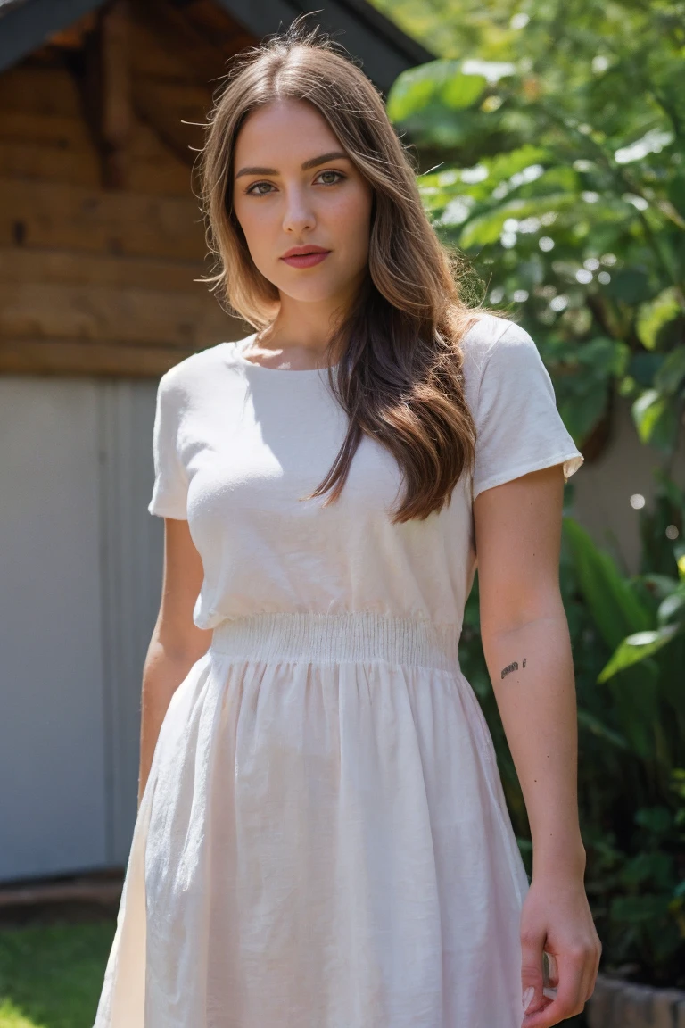 photo of A beautiful woman with light delicately filtering through her hair, her summer dress is beautiful and she's standing in front of a cottage