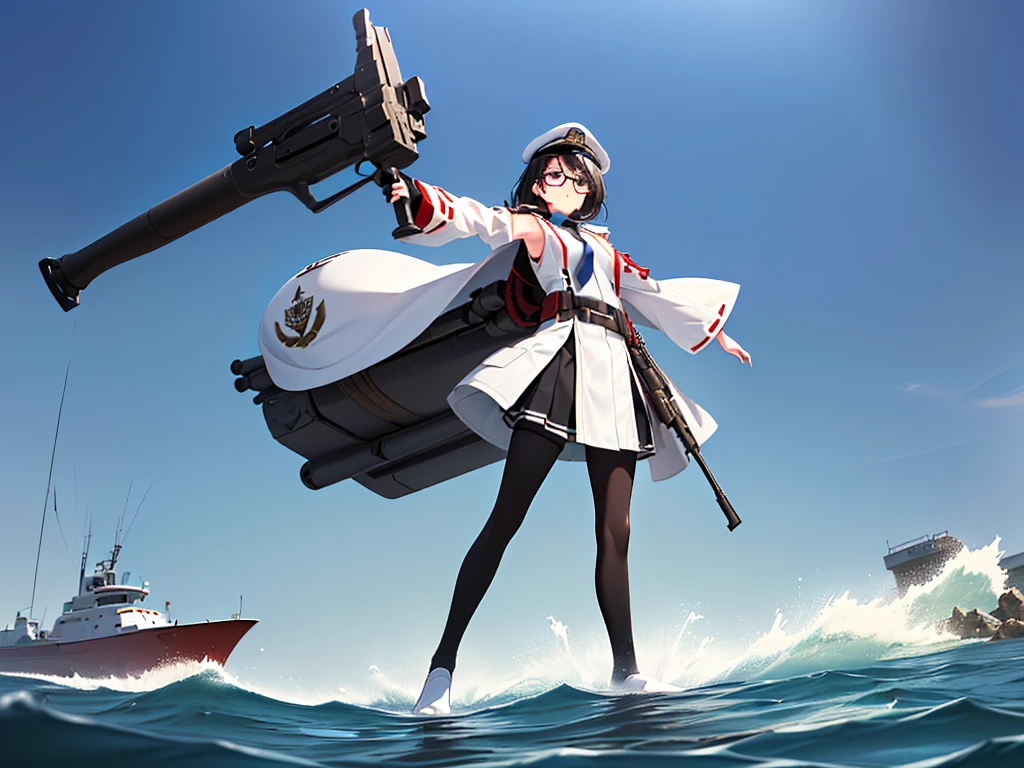 (((masterpiece, Vision))), ((((Full body of a woman with perfect flat chest、1 Female、solo、Short unkempt black hair、Tie your messy hair at the nape of your neck、white military jacket、Miko costume、black tights、Black glasses are black、White military cap、Cloudy black eyes、Confused eyes、Junyo-inspired emblem)))), (((Shipgirl))), ((Floating on the morning sea with both feet)), (Standing with your legs apart)), Aim, (Hold the shotgun turret grip with your right hand), (Four mechanical tentacles covered in white armor extend from its back.), (Holding a shotgun with metal tentacles), (Equipped with a bridge on the back), (His left arm holds the grip of a triple-barreled shotgun),