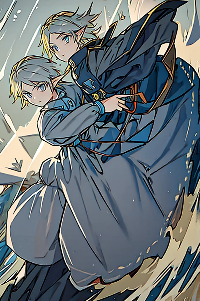They are 12-year-old boys twin blondes with grey eyes. One has an energetic and curious expression, dressed in rugged survival attire. Another one appears more serious and focused, also dressed in practical survival gear with a pragmatic touch. it has to be full body