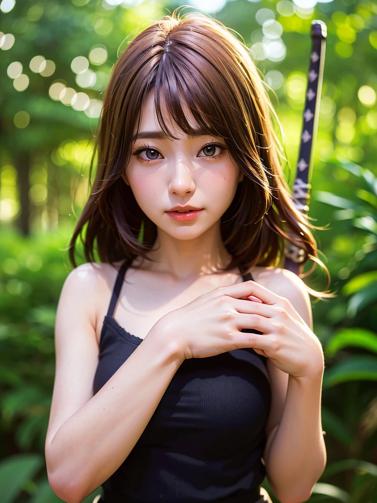 Browsing Caution, ((in the forest:1.3)), masterpiece, Highest quality, 8k, 1 girl, smile、20 I, Close-up of face, alone, cute, Girlish, Delicate, Pure beauty, ((look up)), Dripping sweat, ((Looking into the camera:1.3))、RAW Photos, Professional photography, Portraiture, Soft Light, Professional Lighting, Backlight, Looking forward to meeting you, Sophisticated, Film Grain, (Eye and facial details:1.0), Big breasts and long hair floating, Adventurer, bondage, collar,beautiful, Flowing Hair, Hunchback、bangs, whole body