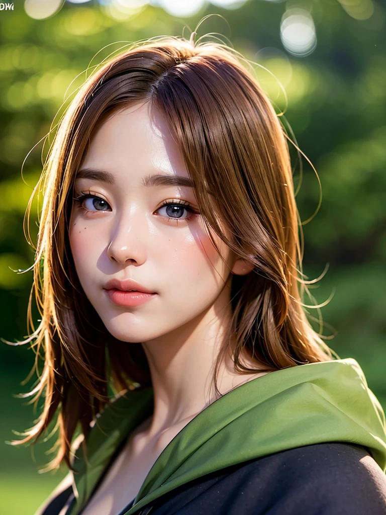 a teenage girl, blonde-brown hair, beautiful detailed eyes, long eyelashes, pretty lips, anime-style nose, beautiful face, 15 years old, demon slayer standard corps uniform, long black-red haori, katana sword, peaceful forest background, summer morning, kind smile, anime style, (best quality, 8k, 4k, highres, masterpiece:1.2), ultra-detailed, (realistic, photorealistic, photo-realistic:1.37), HDR, UHD, studio lighting, vivid colors, bokeh