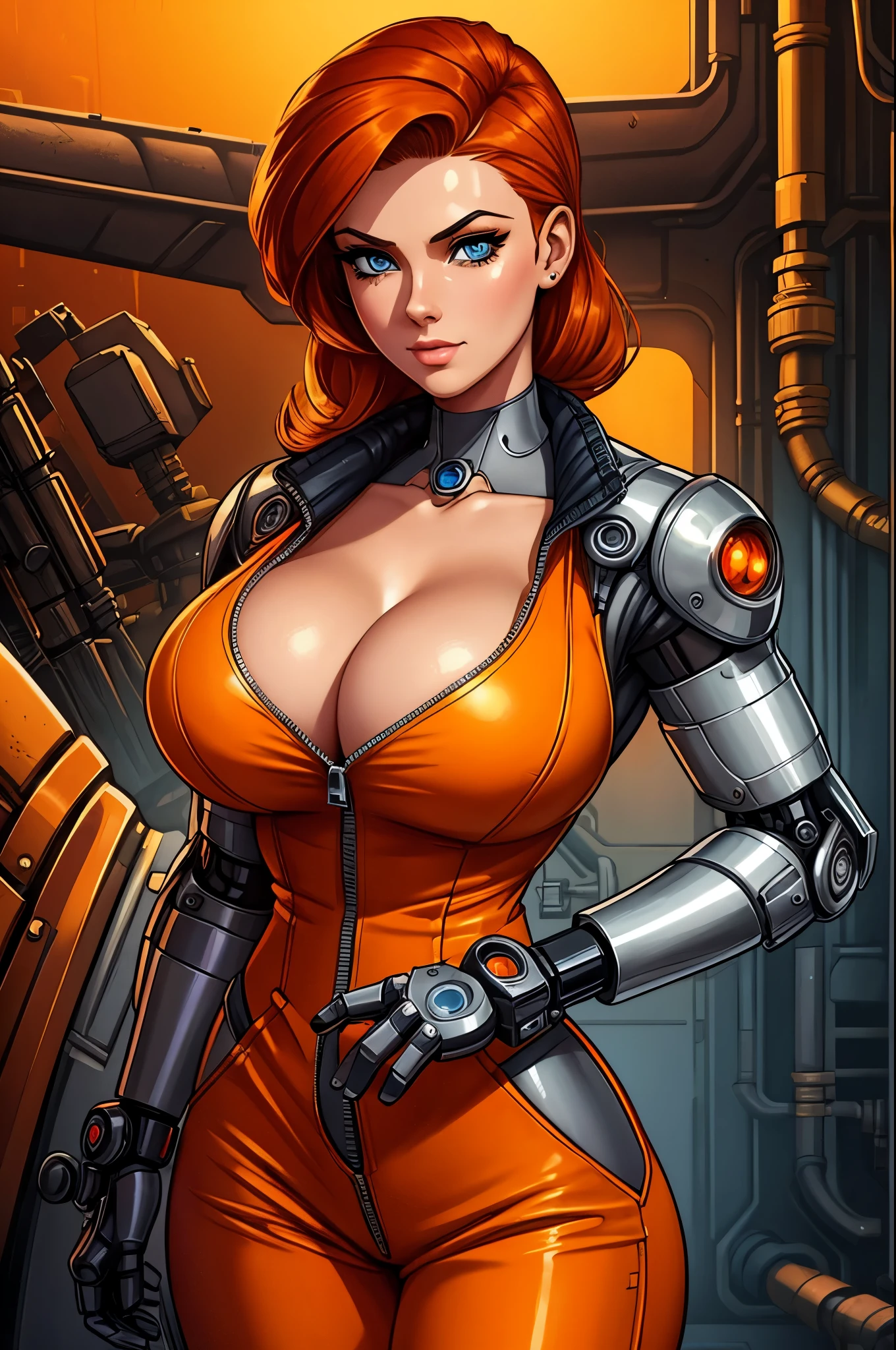 A gorgeous female mechanic in an atompunk style, with a blank background, wearing an unzipped orange jumpsuit revealing cleavage, featuring a mechanical hand and cybernetic augments, in a retro-futuristic setting with gunmetal grey tones, ginger hair, clear blue eyes