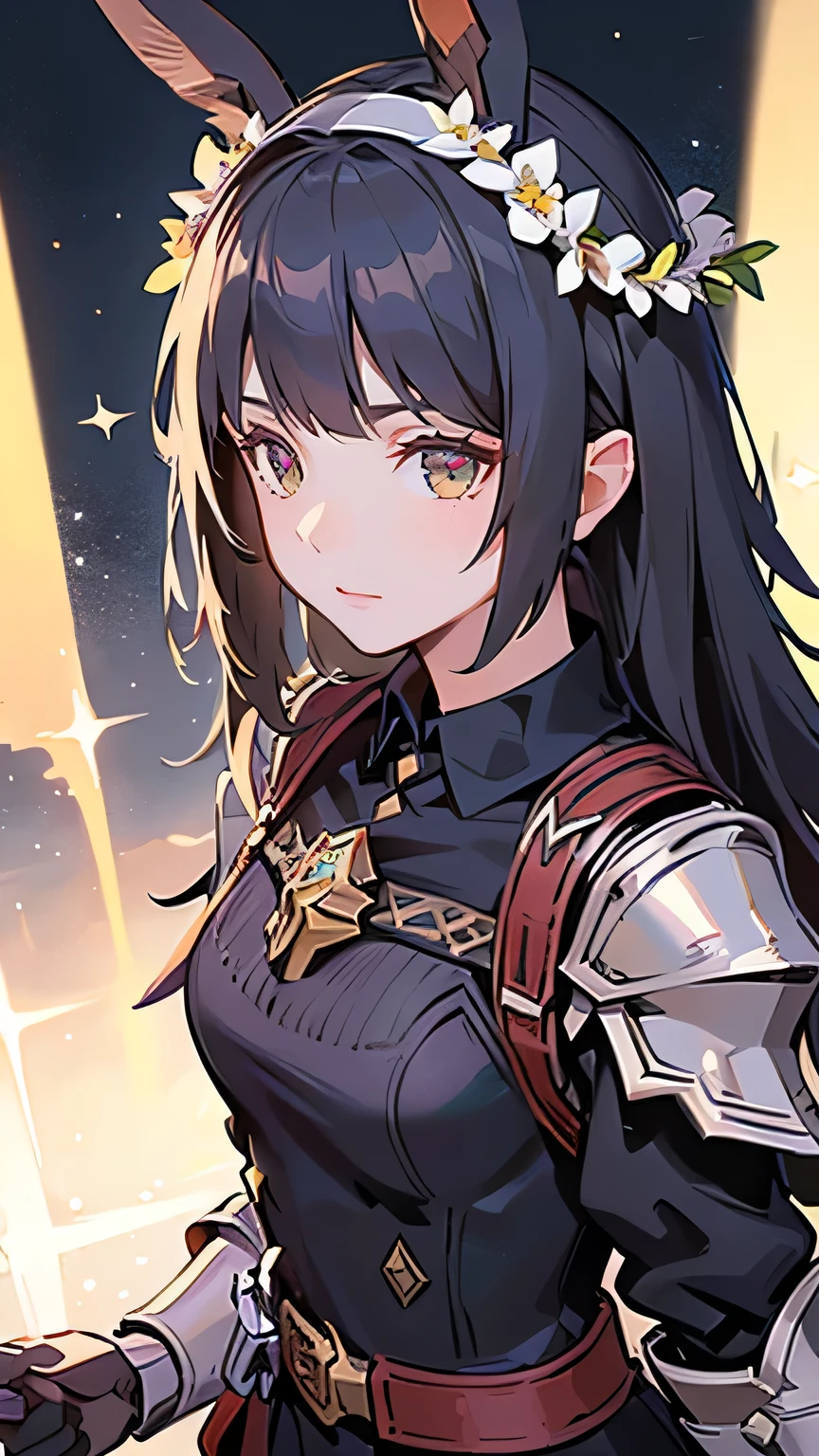 black hair, hair behind ear, head wreath, rabbit ears, anime, sparkle, super detail, high details, ((detailed face)), detailed eyes, textured skin, ((masterpiece)), ((accurate)), high quality, highres, best quality, 8k, Knight in steel armor, Gained military honors, Dust and blood, night, stars, moonlight, On the terrace