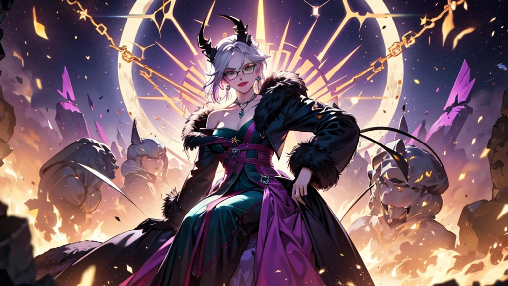 8k, masterpiece, best quality, highly detailed, 1 girl, tiefling, warlock, multicolored hair, very short straight hair green highlight hair on white hair, strippled hair, wearing glasses, round glasses, earrings, red eyeshadow, long eyelashes, navel piercing, blushed cheek, red lips, necklace, rings, collarbone, mole, glamorous, purple and teal clothing, villainy, smirk, seductive face, close up view, rings, looking at viewer, demon horns, solo, royal dress, black lace gloves, fur coat, palace, blue pale moon, sitting on throne, crowned.