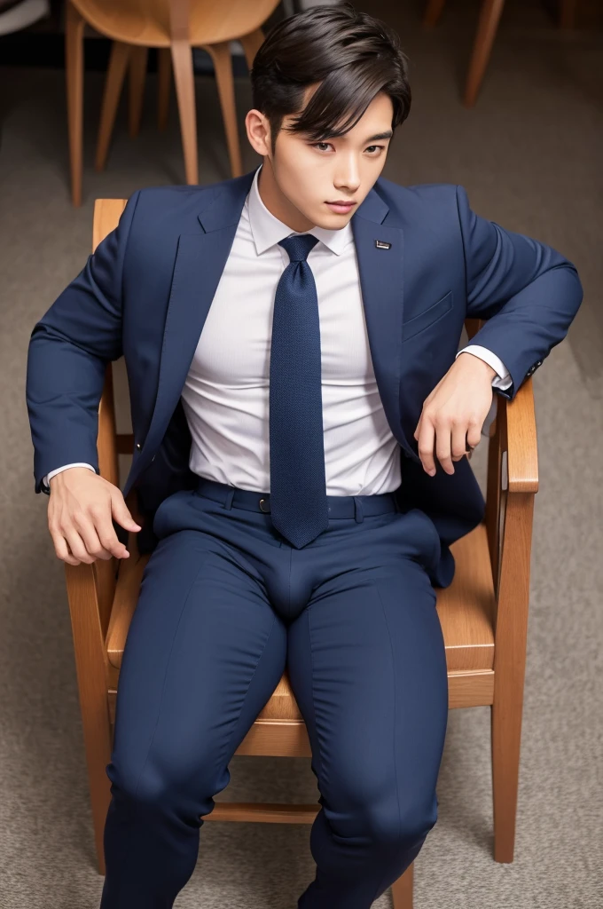 Young man, male, wearing a navy suit, sitting on a chair, Japanese, thick thighs, large thighs, bulging crotch, plump thighs, full crotch, muscular, heavy crotch, angle from below, tight navy suit