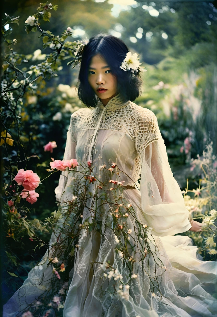 Ethereal Beauty in a Garden, digital art photograph, beautiful asian supermodel's face and body obscured by flowers, lace-trimmed garment, soft lighting, translucent fabrics, ethereal quality, dreamlike atmosphere, subtle colors, natural garden setting, Sally Mann-inspired style.