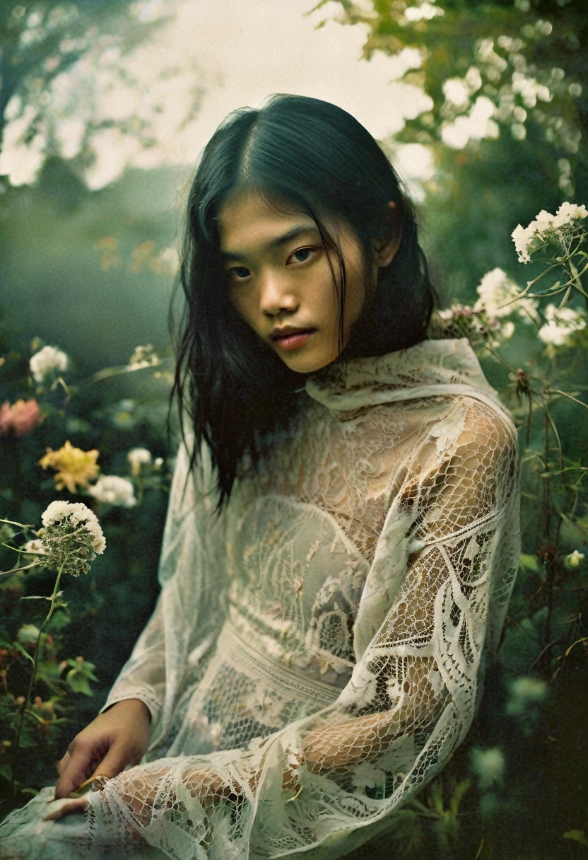 Ethereal Beauty in a Garden, digital art photograph, beautiful asian supermodel's face and body obscured by flowers, lace-trimmed garment, soft lighting, translucent fabrics, ethereal quality, dreamlike atmosphere, subtle colors, natural garden setting, Sally Mann-inspired style.