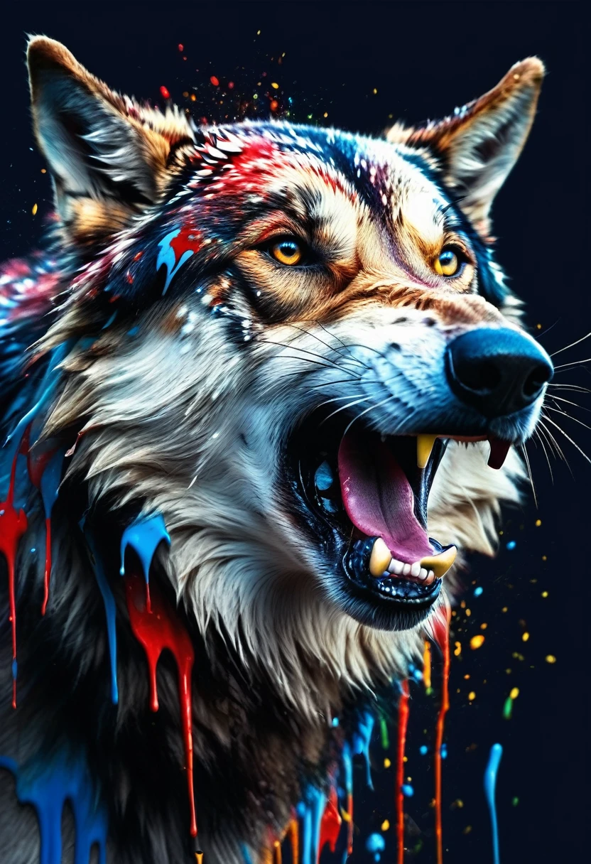 Sticker Art style, cinematic light,  depth of field, reflective Azerbaijan paint flame flag, angry wolf, paint mud, paint dripping, paint splash, lower view, blue red green colors, 