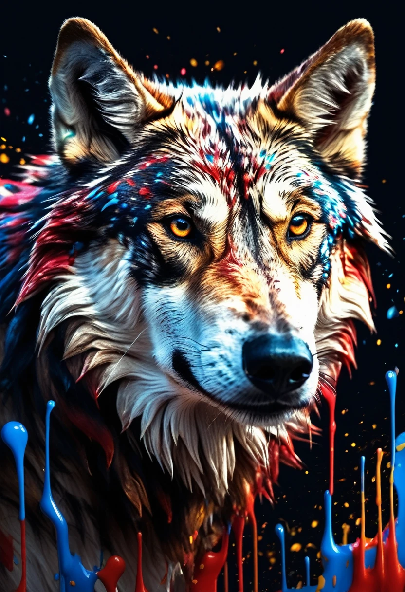 Sticker Art style, cinematic light,  depth of field, reflective Azerbaijan paint flame flag, angry wolf, paint mud, paint dripping, paint splash, lower view, blue red green colors, 