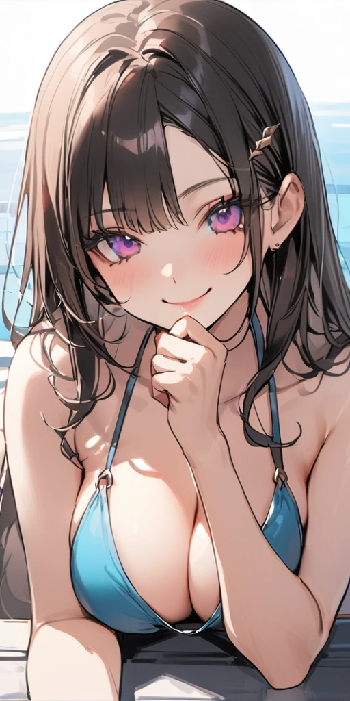 ((Highest quality、、masterpiece:1.3)), Upper Body、Long legs、Sharp focus:1.2, Beautiful woman with perfect figure:1.4、(Smiling:1.2), double eyelid、30-year-old female、Sexy pose、((((Close your mouth、One Woman、bikini)))),(((((one women,pool side:1.5)))))