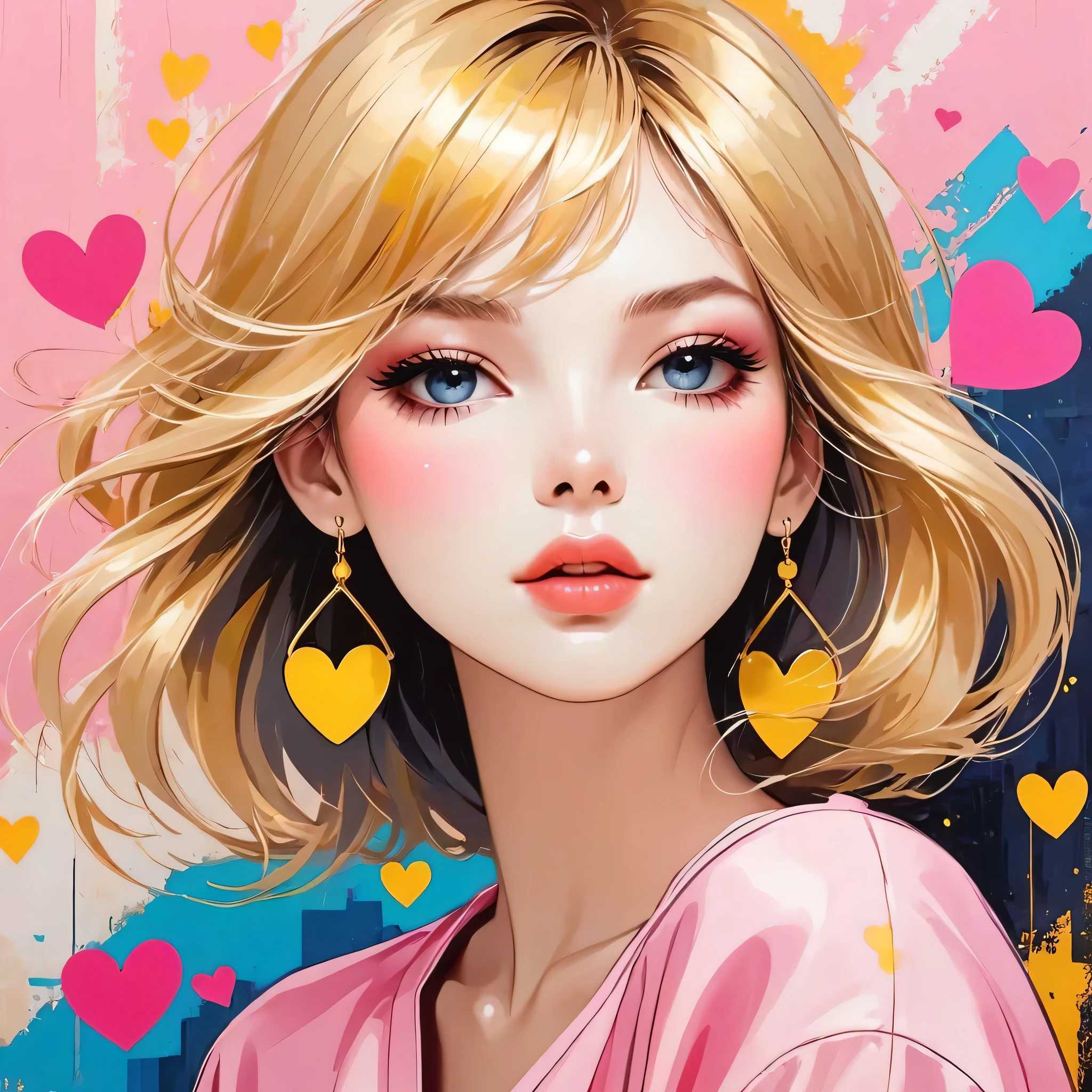 Mika Pikazo gold and pink style, Simple Line Initialism，Abstract art，Urban Background, (((The most beautiful girl of all time))), Sweet face. Lips in love, colorful hearts