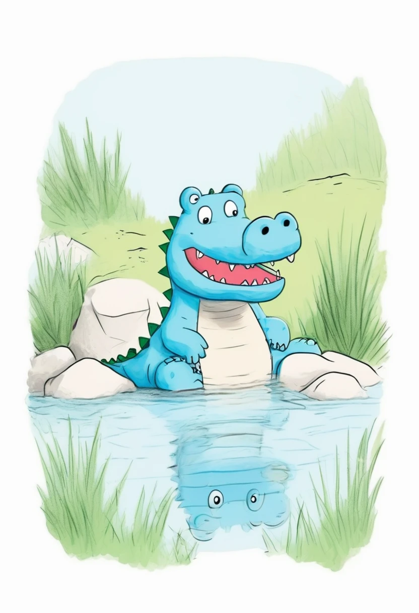 rubbish, Children's Drawings, one crocodile, cute, (fluffy), (stuffed), blue, smiling, landscape, swim, White background