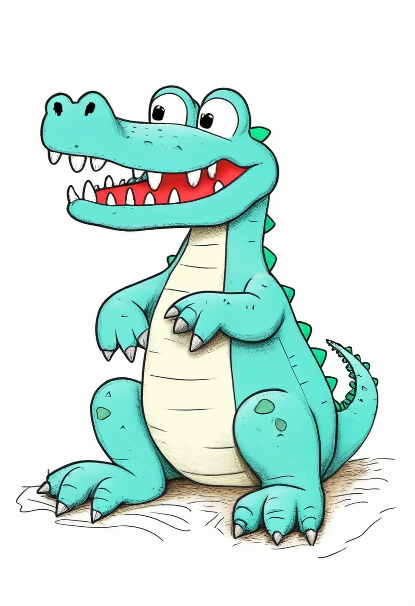 rubbish, Children's Drawings, one crocodile, cute, (fluffy), (stuffed), blue, smiling, landscape, swim, White background