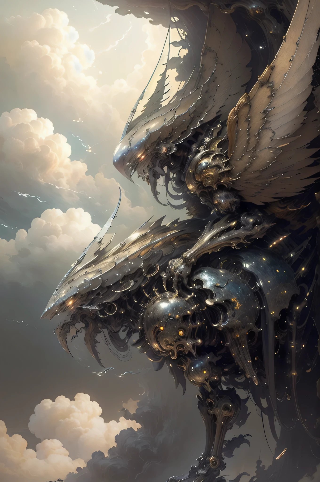 ((best quality)), ((masterpiece)), (detailed), female titan, mecha, horror beauty, perched on a cloud, (fantasy illustration:1.3), enchanting gaze, captivating pose, delicate scars, otherworldly charm, mystical sky, (Luis Royo:1.2), (Yoshitaka Amano:1.1), moonlit night, soft colors, (detailed cloudscape:1.3), (high-resolution:1.2)