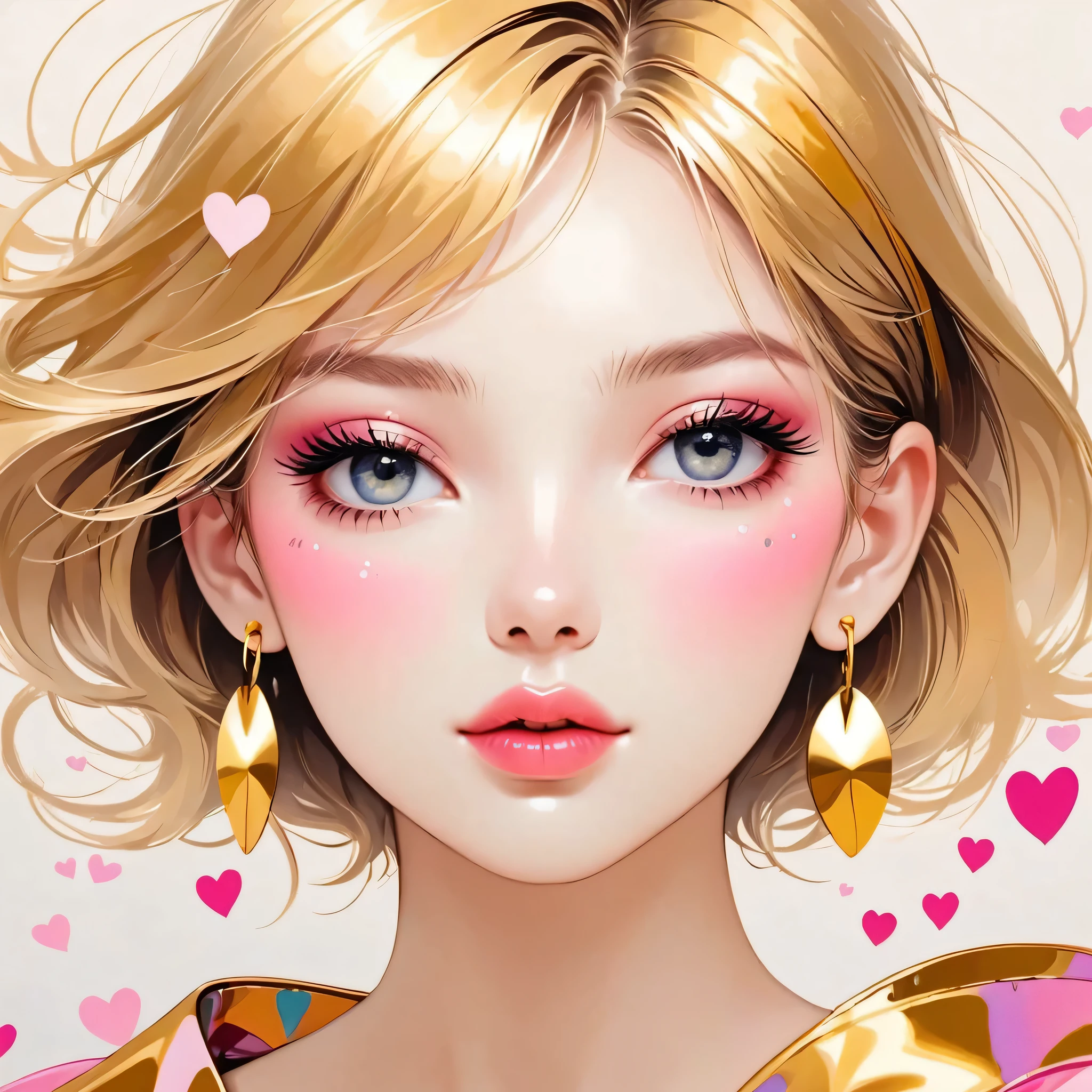 Mika Pikazo gold and pink style, Simple Line Initialism,Abstract art,Urban Background, (((The most beautiful girl of all time))), Sweet face. Lips in love, colorful hearts