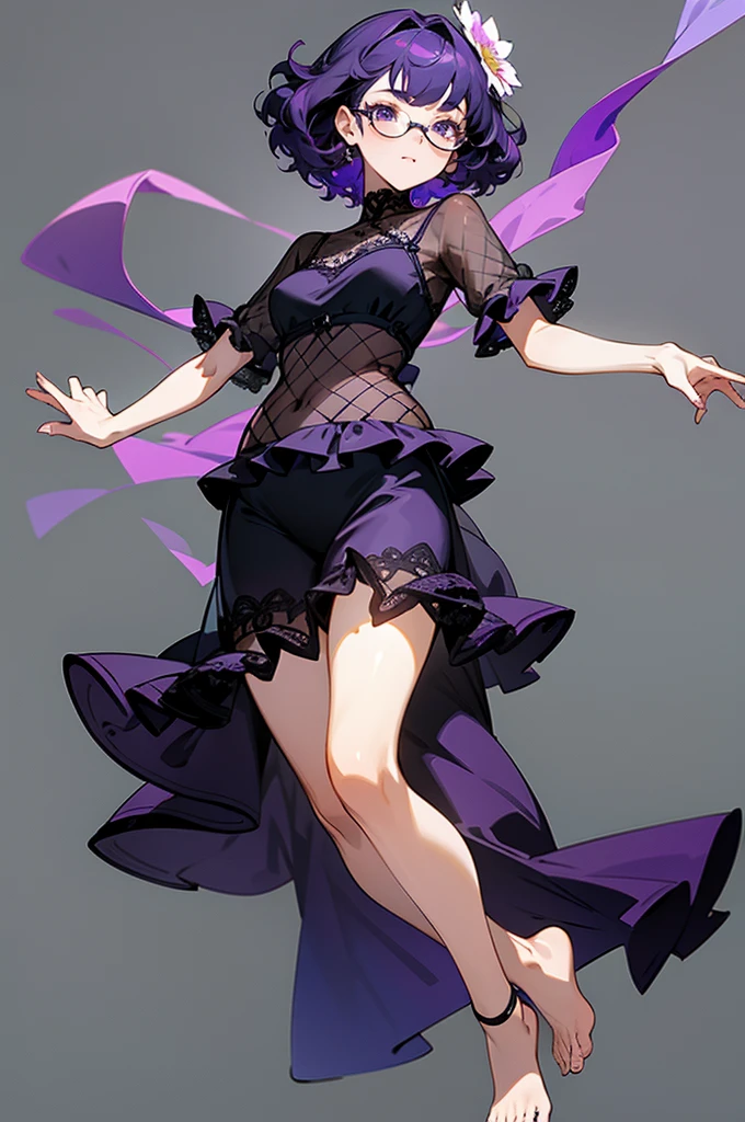one girl, short very curly purple hair with dark purple strand, glasses, two-piece black color lace flower theme swim outfit, simple detaled, lovable, no background, dynamic pose,, full body ,detaled feet,short blouse with fishnet, flowers, art