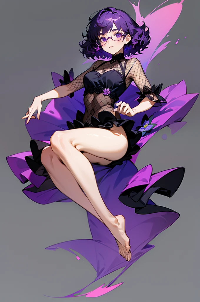 one girl, short very curly purple hair with dark purple strand, glasses, two-piece black color lace flower theme swim outfit, simple detaled, lovable, no background, dynamic pose,, full body ,detaled feet,short blouse with fishnet, flowers, art