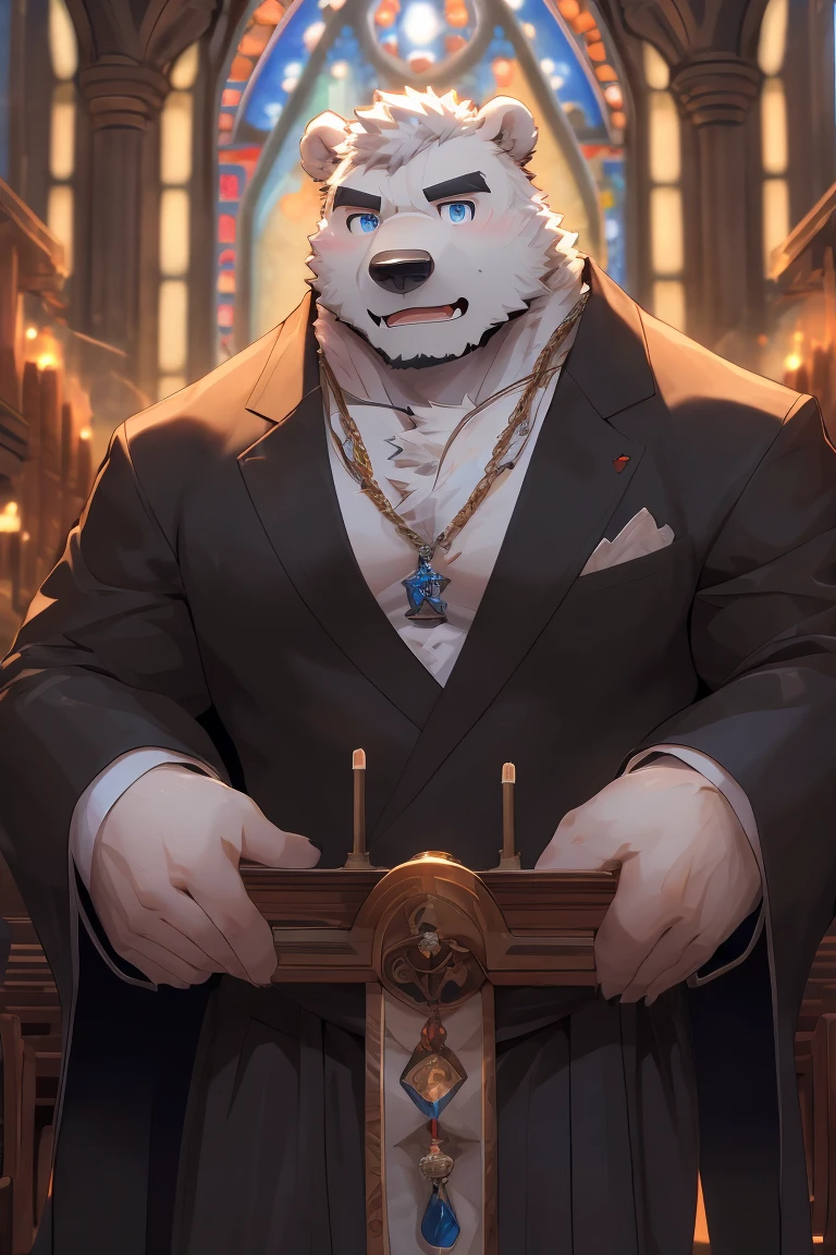 1boy, male focus,furry,polar bear,white fur,bear ear,bear tail,muscular,Best quality,masterpiece, ultra high res,cozy anime, detailed background, game_cg, male focus, bara,blue eyes,looking at viewer,detailed eyes,sparkling eyes,black robe,:),church,necklace,age up