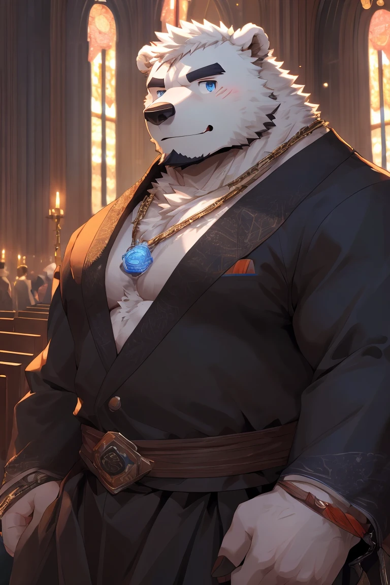  1boy, male focus,furry,polar bear,white fur,bear ear,bear tail,muscular,Best quality,masterpiece, ultra high res,cozy anime, detailed background, game_cg,  male focus, bara,blue eyes,looking at viewer,detailed eyes,sparkling eyes,black robe,:),church,necklace,age up