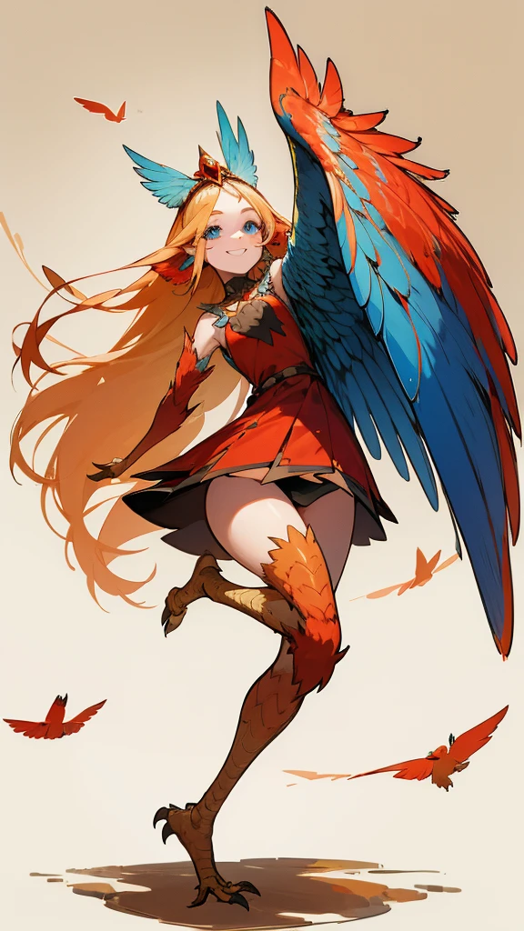 1 girl,alone,Harpyie, standing,blond hair,weave, blue eyes, Long hair,red feathers,Wing arms,bird legs, short dress, woods,tiara, sexly, portrait, smiling, cheerful face
