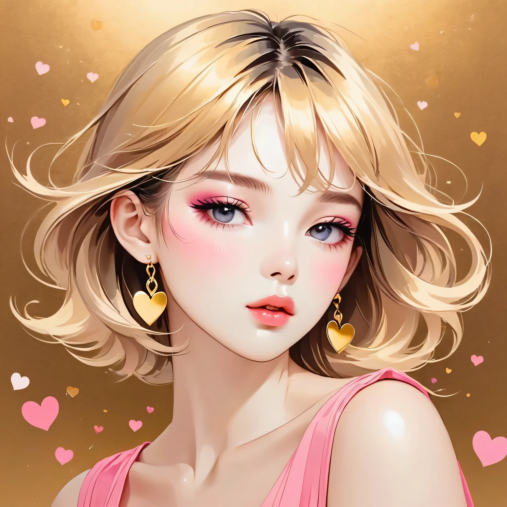 Mika Pikazo gold and pink style, Simple Line Initialism,Abstract art,Urban Background, (((The most beautiful girl of all time))), Sweet face. Lips in love, colorful hearts