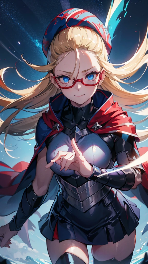 Best quality, Ultra detailed, best quality, insanely detailed, beautiful, masterpiece, 8k, 
break  
Lens Flare,night sky, Streaks of Light,refraction Glowing white lines ,Crossing Light,Shining Background, light particles
break 
crystal trees,
break 
1girl, blonde hair, (slicked back hair:1.2), forehead, long hair, high ponytail, (red Beret:1.2), blue Scarf ,blue Compression Shirt, blue eye glasses,  tareme , blue eyes, ultra detailed eyes, blue sheath skirt, mini skirt, (red and  blue cloak:1.2) , long cloak,blue boots, pale skin , ,nsfw,(ecstasy:1.3) ,(slut:1.2),(vulgarity:1.3),(fucked silly:1.1),(steam:1.1),(wet:0.8),(trembling:0.8),(tears:0.7) ,(drooling:0.6),(sweat:0.8), gentle smile,heart,